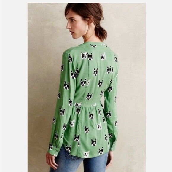 Maeve Anthropologie green composed pin-tuck button down Frenchie Bulldog shirt - Picture 2 of 16